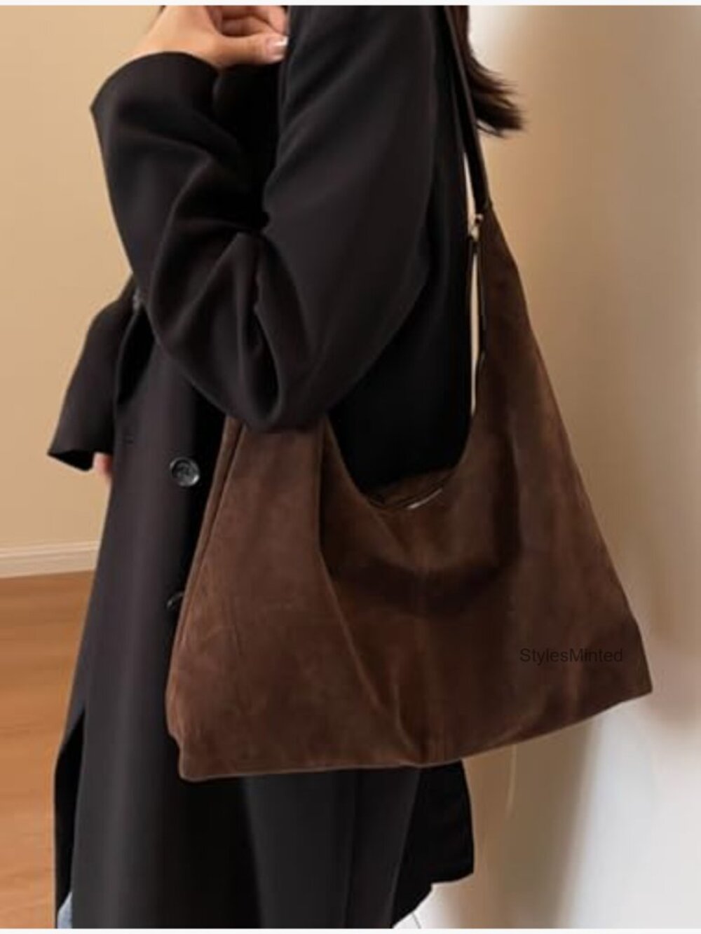 Large Faux Suede Crescent Hobo Bag with Zipper Closure - Picture 3 of 7